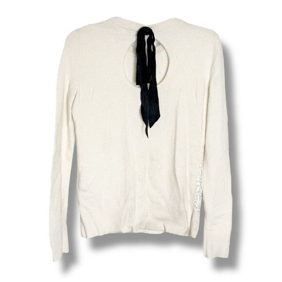 Kate Spade New York Ivory Sequin Front Sweater Keyhole Back Black Satin Bow Sz S - Picture 6 of 9